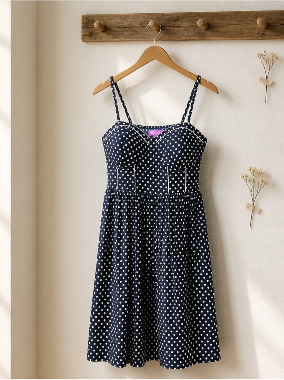 Polka Dot Navy Midi Dress with Spaghetti Straps